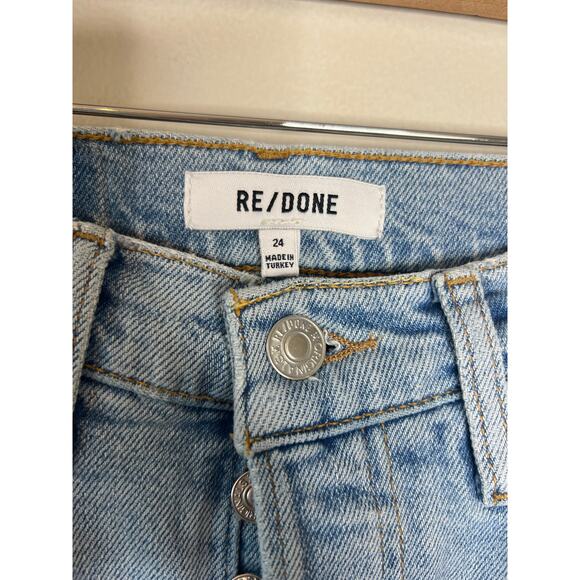 Re/Done Frayed Hem Straight Leg High Rise Stove Pipe Jean Blue Size: 24 - Picture 4 of 8